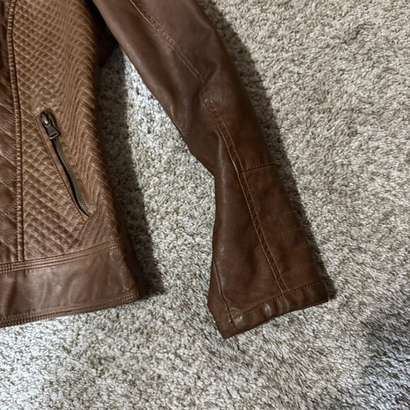 Guess Jacket Womens Medium Brown Quilted Faux Leather Moto Stand Collar Zipper - Picture 3 of 13
